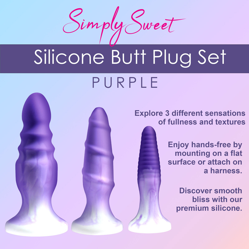3 Piece Silicone Butt Plug Set - Purple - Image 2