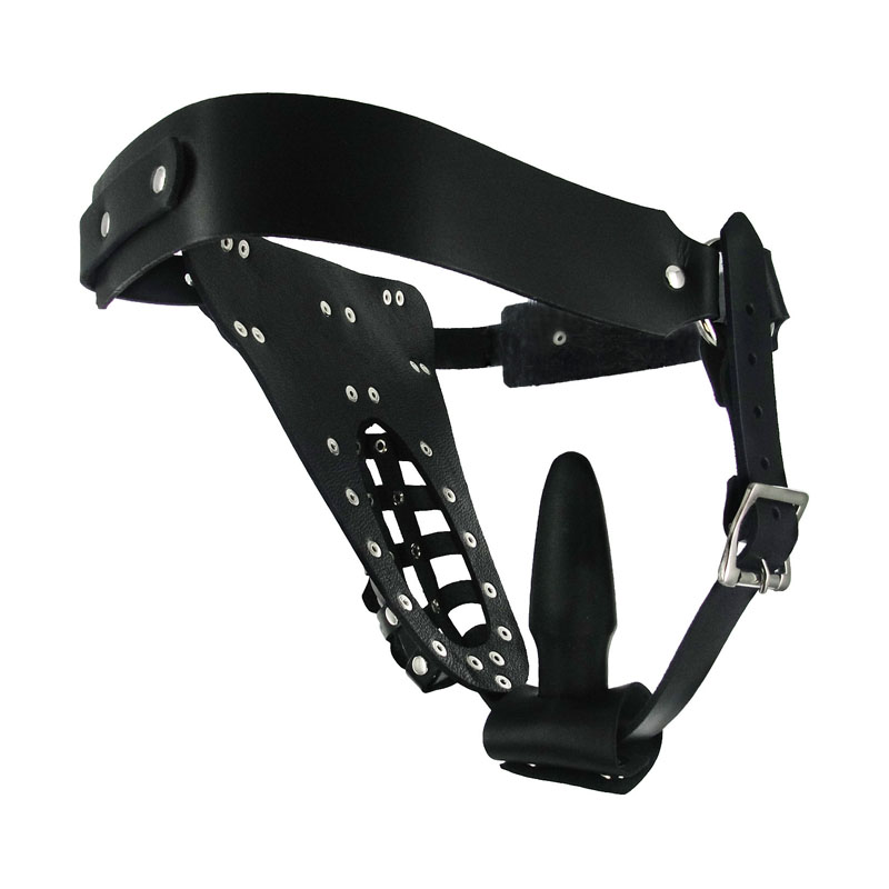 The Safety Net Leather Male Chastity Belt with Anal Plug Harness - Image 2