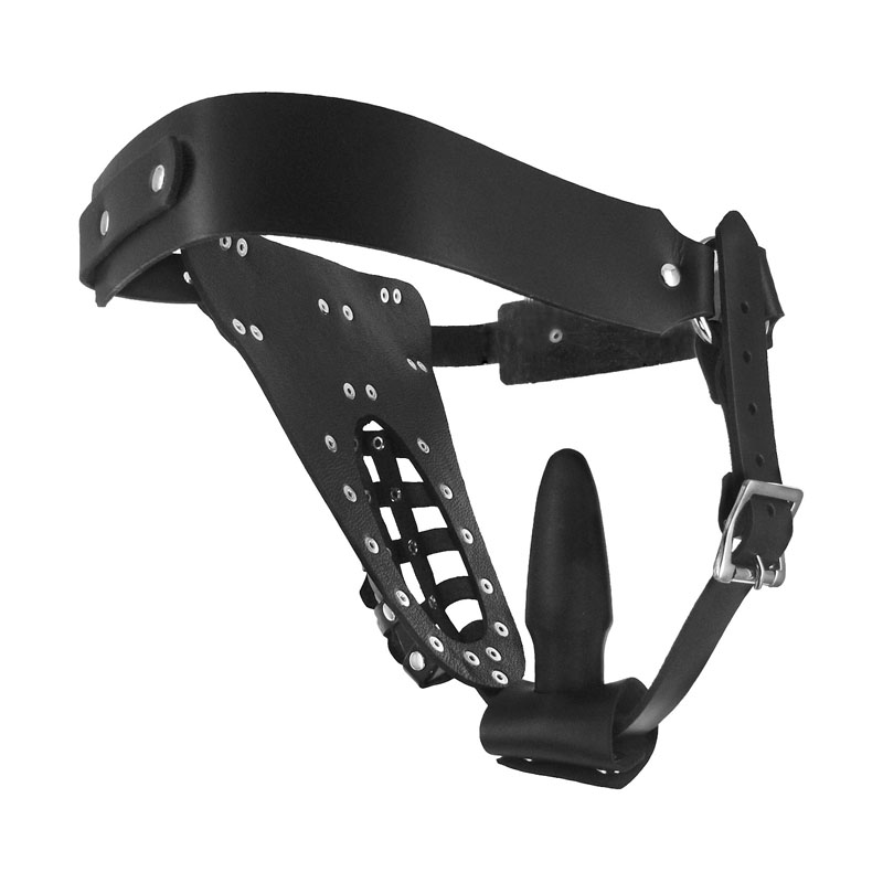 The Safety Net Leather Male Chastity Belt with Anal Plug Harness - Image 5