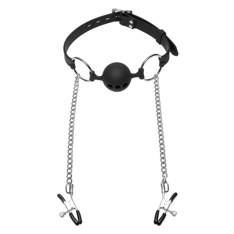 Hinder Breathable Silicone Ball Gag with Nipple Clamps - Image 2