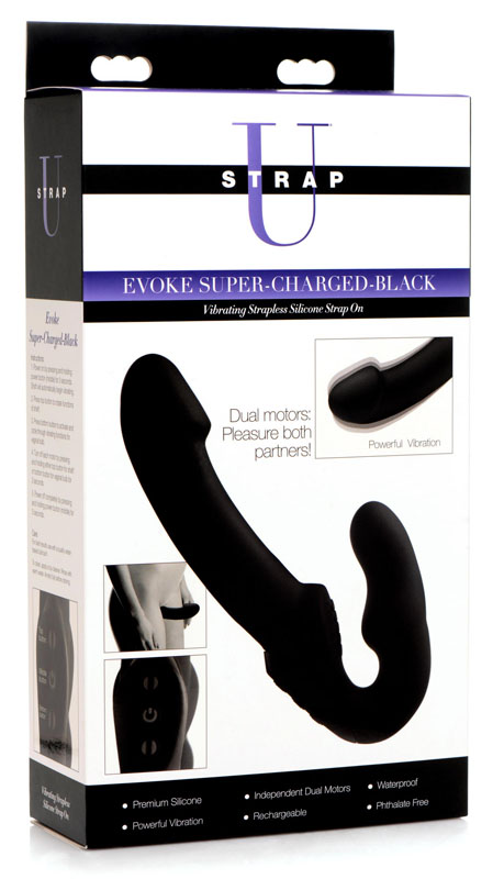 Evoke Rechargeable Vibrating Silicone Strapless Strap On - Black - Image 7