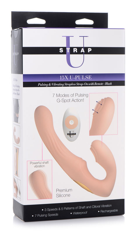 15X U-Pulse Silicone Pulsating and Vibrating Strapless Strap-on with Remote - Blush - Image 9