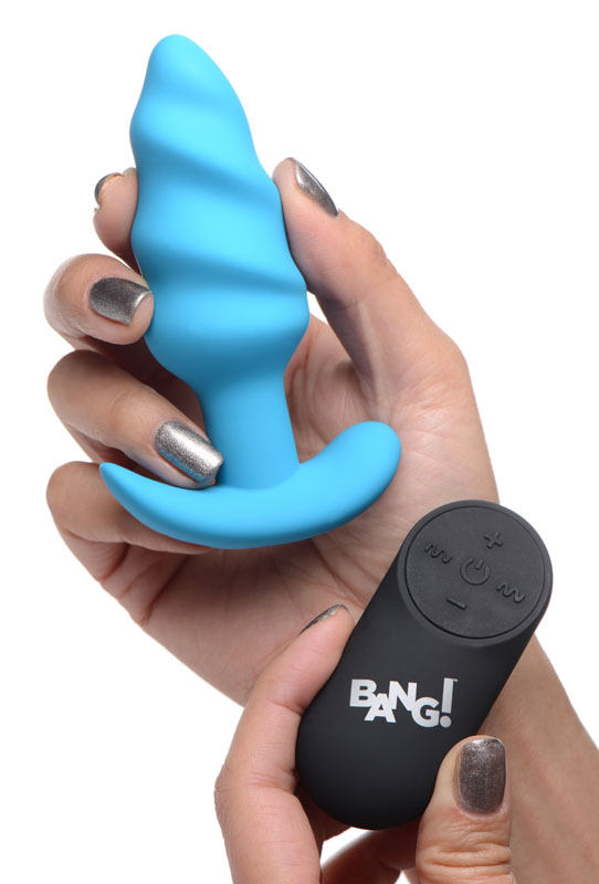 Remote Control 21X Vibrating Silicone Swirl Butt Plug - Blue - Image 3
