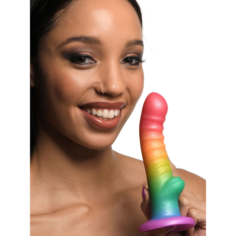 Ribbed Rainbow Silicone Dildo - Image 3